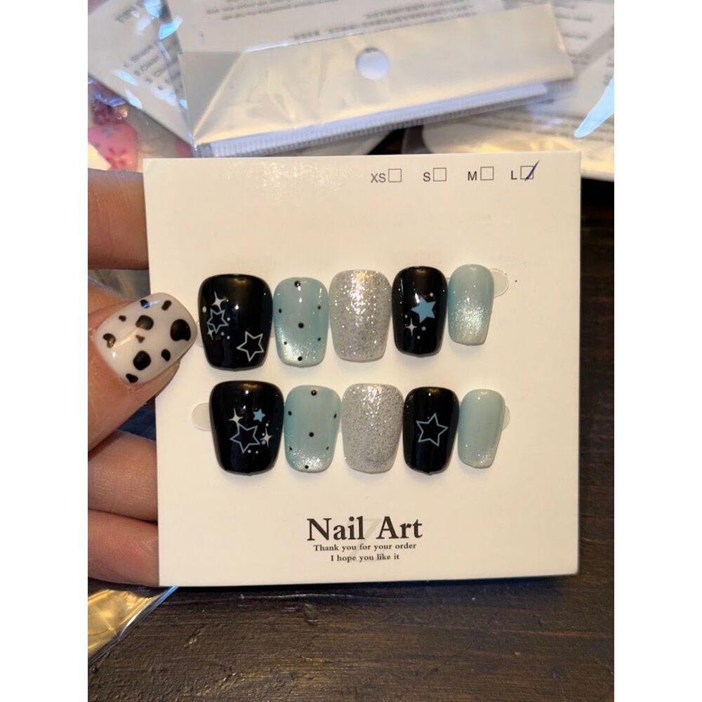 Black & Blue Cateye Nubby Square Press On Nails Size Large